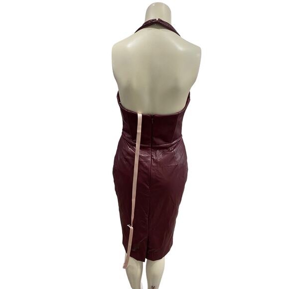 HOUSE OF CB Jaquetta Wine Vegan Leather Halter Lace Up Midi Dress - Picture 7 of 8